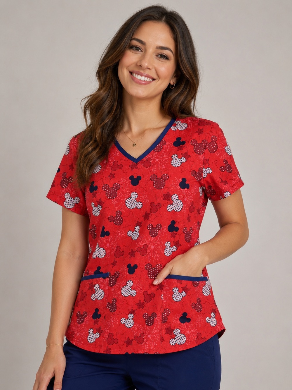 Disney Red Mickey Head Print Top with Royal Blue Trim